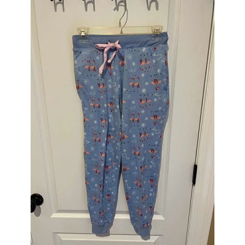 Blue Flamingo snowflake heart Jogger pajama pants size Medium